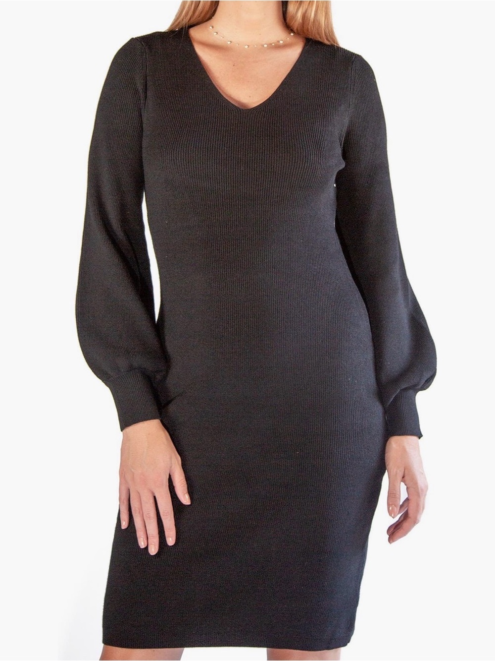 ✅NEW “Nina Leonard” Black V-Neck Balloon Sleeve Sweater Dress